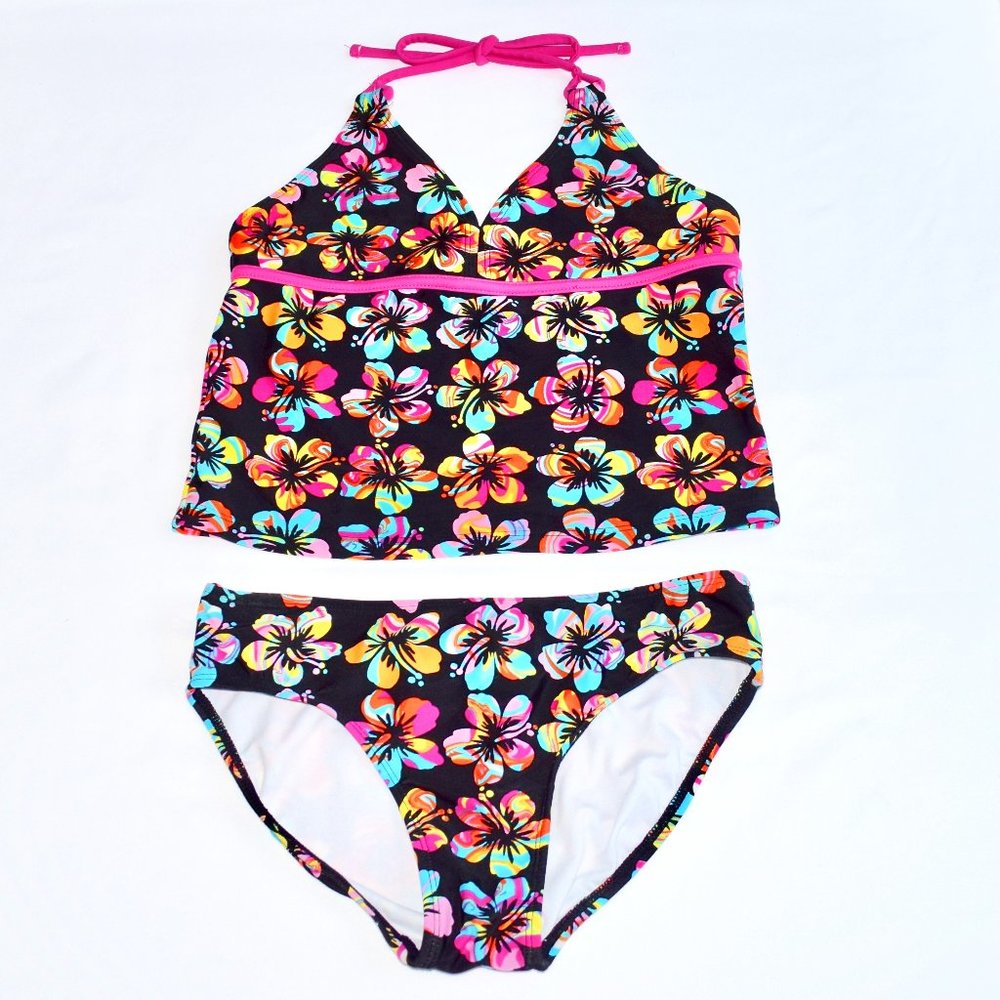 Xhiliration Hibiscus Hawaiian Pattern Tankini Swimsuit - Large 10/12